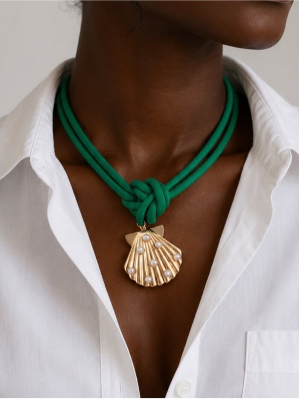 New! Green Rope Necklace Knot Detail Gold Shell Beachy Coastal Jewelry